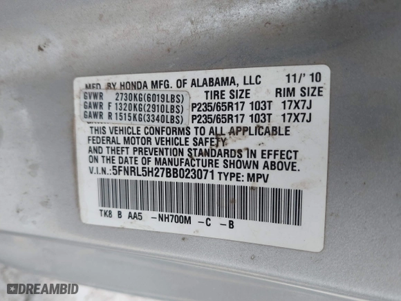 2011 Honda Odyssey LX with VIN 5FNRL5H27BB023071, listed as a IAAI auction lot 41716556 with 162,955 mi miles. Bid and sale history available at carsss.com. Image 9.