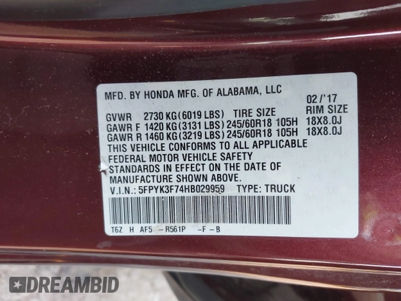 2017 Honda Ridgeline RTL-E with VIN 5FPYK3F74HB029959, listed as a IAAI auction lot 40530840 with 95,596 mi miles and . Bid and sale history available at DreamBid. Image 9.