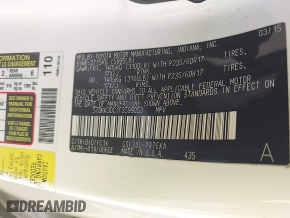 2015 Toyota Sienna LE AAS with VIN 5TDKK3DC1FS599053, listed as a IAAI auction lot 42216805 with 167,280 mi miles and . Bid and sale history available at DreamBid. Image 9.