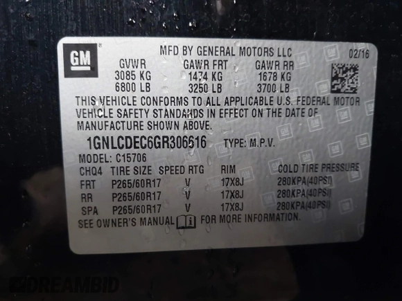 2016 Chevrolet Tahoe Commercial with VIN 1GNLCDEC6GR306616, listed as a IAAI auction lot 42404928 with 149,449 mi miles and . Bid and sale history available at DreamBid. Image 9.