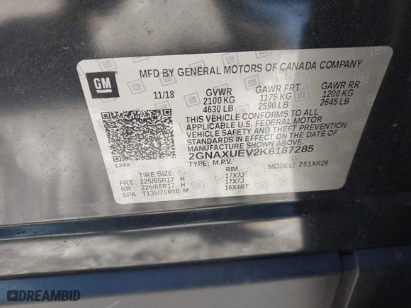 2019 Chevrolet Equinox LT with VIN 2GNAXUEV2K6187285, listed as a IAAI auction lot 41807538 with 205,098 mi miles. Bid and sale history available at carsss.com. Image 9.