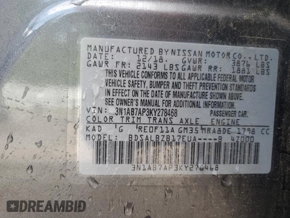 2019 Nissan Sentra S with VIN 3N1AB7AP3KY278468, listed as a Copart auction lot 55444075 with 50,368 mi miles and Salvage Title. Bid and sale history available at DreamBid. Image 12.