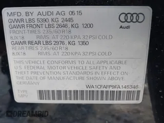 2015 Audi Q5 Premium with VIN WA1CFAFP9FA145346, listed as a IAAI auction lot 41470404 with 167,210 mi miles. Bid and sale history available at carsss.com. Image 9.