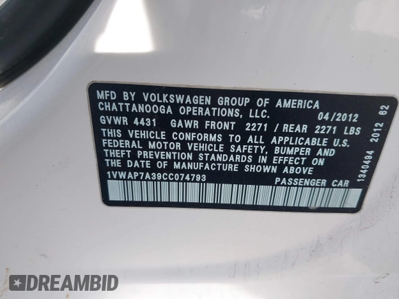 2012 Volkswagen Passat S with VIN 1VWAP7A39CC074793, listed as a IAAI auction lot 41626730 with 108,659 mi miles and . Bid and sale history available at DreamBid. Image 9.