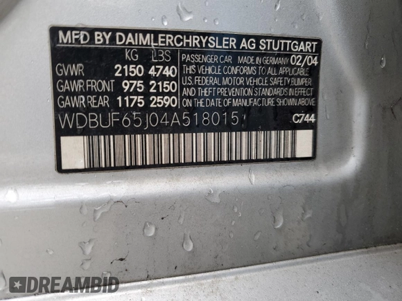 2004 Mercedes-Benz E 320 with VIN WDBUF65J04A518015, listed as a Copart auction lot 51926545 with 198,741 mi miles and Salvage Title. Bid and sale history available at carsss.com. Image 12.