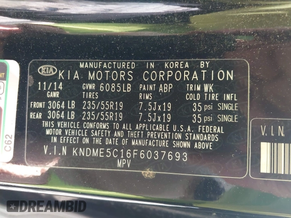 2015 Kia Sedona SX-L with VIN KNDME5C16F6037693, listed as a IAAI auction lot 41779327 with 149,552 mi miles and . Bid and sale history available at DreamBid. Image 9.