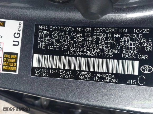 2021 Toyota Prius Prime LE with VIN JTDKAMFP4M3171775, listed as a IAAI auction lot 41343750 with 21,901 mi miles. Bid and sale history available at carsss.com. Image 9.