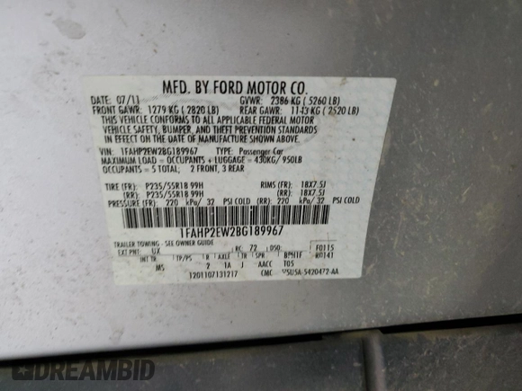 2011 Ford Taurus SEL with VIN 1FAHP2EW2BG189967, listed as a Copart auction lot 41230614 with 60,036 mi miles and Clean Title. Bid and sale history available at DreamBid. Image 12.
