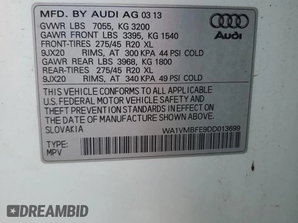 2013 Audi Q7 3.0L TDI Prestige with VIN WA1VMBFE9DD013699, listed as a Copart auction lot 69283894 with 0 mi miles and Salvage Title. Bid and sale history available at carsss.com. Image 13.