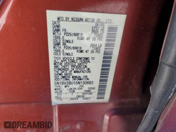 2005 Nissan Quest SE with VIN 5N1BV28U15N130663, listed as a Copart auction lot 45721195 with 173,031 mi miles and Clean Title. Bid and sale history available at carsss.com. Image 14.