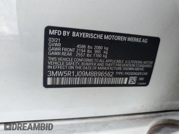 2021 BMW 3 Series 330i with VIN 3MW5R1J09M8B96562, listed as a Copart auction lot 61408805 with 50,024 mi miles and Non repairable. Bid and sale history available at DreamBid. Image 12.