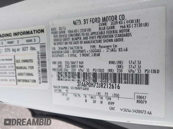 2018 Ford Fusion SE z VIN 3FA6P0H73JR212616, wystawiony jako IAAI lot #40869945 z przebiegiem 142 355 mil mil oraz . Historia ofert i sprzedaży dostępna na DreamBid. Obrazek 9.
