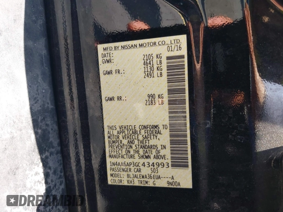 2016 Nissan Maxima S z VIN 1N4AA6AP3GC434993, wystawiony jako IAAI lot #42457183 z przebiegiem 100 569 mil mil oraz . Historia ofert i sprzedaży dostępna na DreamBid. Obrazek 9.