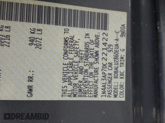 2013 Nissan Altima SV with VIN 1N4AL3AP7DC221422, listed as a IAAI auction lot 42106726 with 169,783 mi miles and . Bid and sale history available at DreamBid. Image 9.