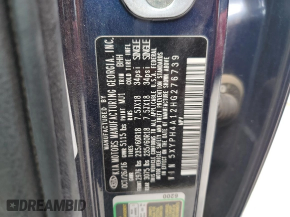 2017 Kia Sorento EX with VIN 5XYPH4A12HG276739, listed as a Copart auction lot 63189715 with 109,999 mi miles and Clean title. Bid and sale history available at DreamBid. Image 13.
