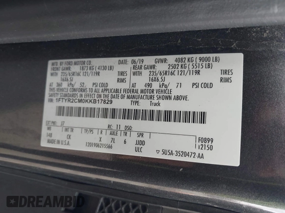 2019 Ford Transit with VIN 1FTYR2CM0KKB17829, listed as a IAAI auction lot 41726498 with 116,045 mi miles. Bid and sale history available at carsss.com. Image 8.