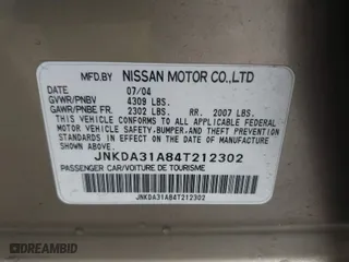 2004 Infiniti I35 with VIN JNKDA31A84T212302, listed as a IAAI auction lot 41551876 with 81,425 mi miles. Bid and sale history available at carsss.com. Image 9.