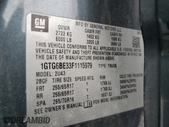 2015 GMC Canyon 4WD SLE with VIN 1GTG6BE33F1115979, listed as a Copart auction lot 41680415 with 155,346 mi miles and Salvage Title. Bid and sale history available at carsss.com. Image 12.