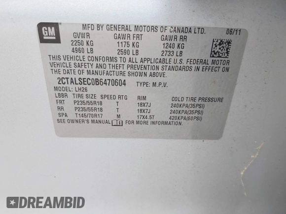 2011 GMC Terrain SLE-2 with VIN 2CTALSEC0B6470604, listed as a IAAI auction lot 41802272 with 100,185 mi miles. Bid and sale history available at carsss.com. Image 9.