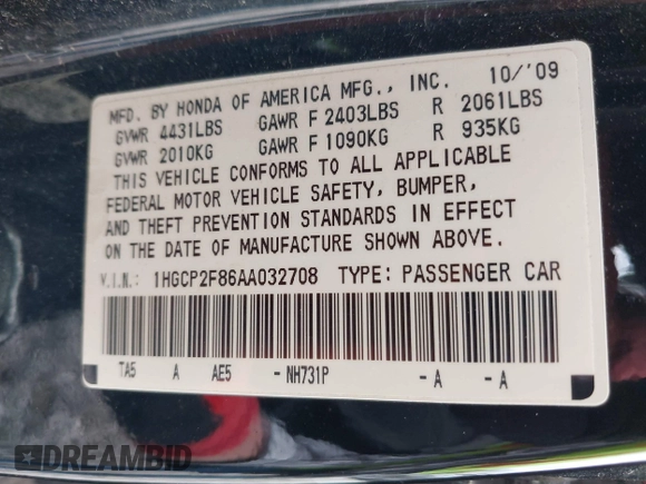 2010 Honda Accord EX-L z VIN 1HGCP2F86AA032708, wystawiony jako IAAI lot #42010837 z przebiegiem 196 739 mil mil oraz . Historia ofert i sprzedaży dostępna na DreamBid. Obrazek 9.