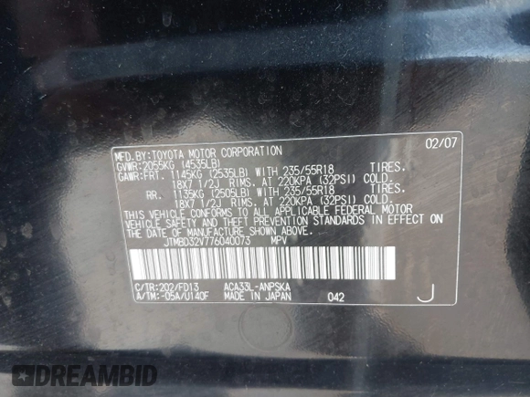2007 Toyota RAV4 Sport with VIN JTMBD32V776040073, listed as a IAAI auction lot 41756430 with 141,354 mi miles. Bid and sale history available at carsss.com. Image 9.