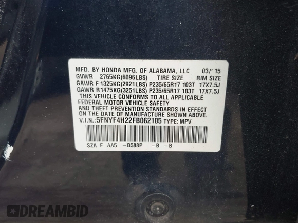2015 Honda Pilot LX with VIN 5FNYF4H22FB062105, listed as a IAAI auction lot 42072540 with 80,715 mi miles and . Bid and sale history available at DreamBid. Image 9.