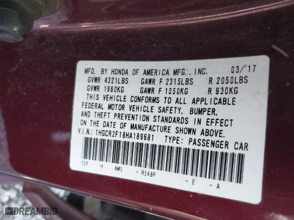 2017 Honda Accord Sedan Sport SE with VIN 1HGCR2F18HA189681, listed as a IAAI auction lot 41789772 with 1 mi miles. Bid and sale history available at carsss.com. Image 9.