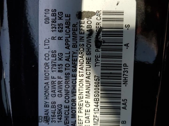2011 Honda CR-Z z VIN JHMZF1D44BS006057, wystawiony jako Copart lot #76252974 z przebiegiem 103 459 mil mil oraz Szkoda całkowita • Salvage title. Historia ofert i sprzedaży dostępna na DreamBid. Obrazek 12.