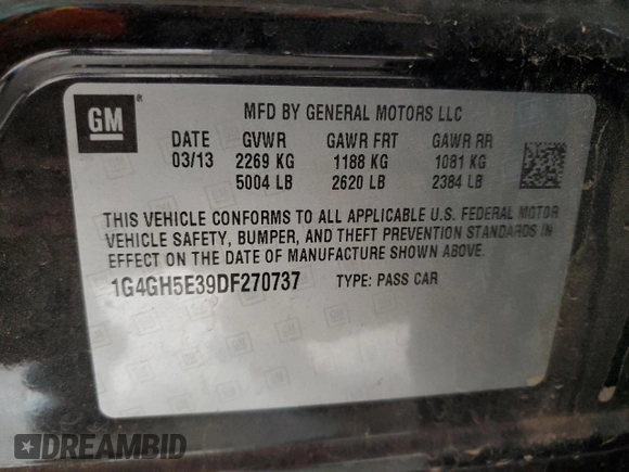 2013 Buick LaCrosse Premium 2 with VIN 1G4GH5E39DF270737, listed as a Copart auction lot 54581745 with 81,788 mi miles and Salvage title. Bid and sale history available at DreamBid. Image 13.