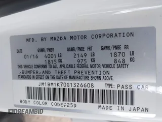 2016 Mazda 3 i Sport with VIN JM1BM1K70G1326608, listed as a IAAI auction lot 42064574 with 34,219 mi miles and . Bid and sale history available at DreamBid. Image 9.