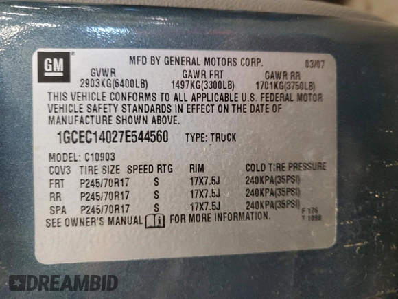 2007 Chevrolet Silverado 1500 Work Truck with VIN 1GCEC14027E544560, listed as a Copart auction lot 48370585 with 186,635 mi miles and Clean Title. Bid and sale history available at carsss.com. Image 12.