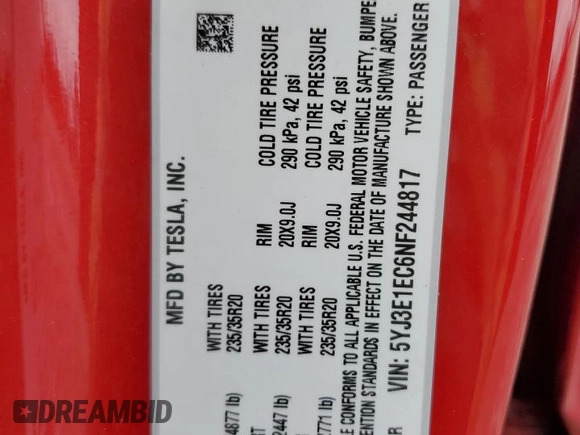 2022 Tesla Model 3 Performance with VIN 5YJ3E1EC6NF244817, listed as a Copart auction lot 51681565 with Not Provided miles and Salvage Title. Bid and sale history available at DreamBid. Image 13.