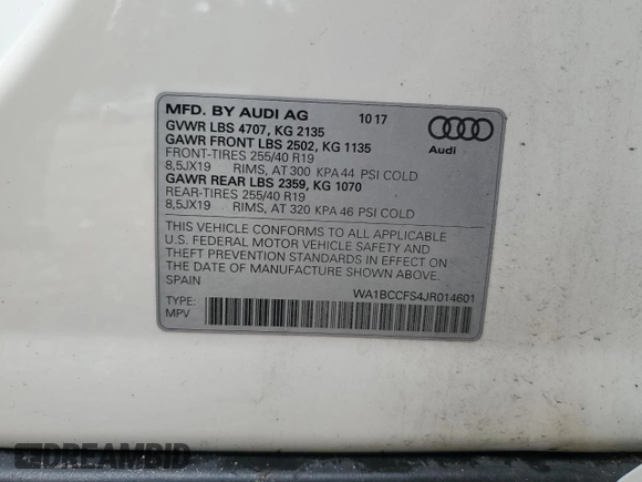 2018 Audi Q3 Premium с VIN WA1BCCFS4JR014601, выставлен на аукционе Copart как лот 56539595 с пробегом 97 142 миль миль и Списание • Salvage title. История ставок и продаж доступна на DreamBid. Изображение 12.