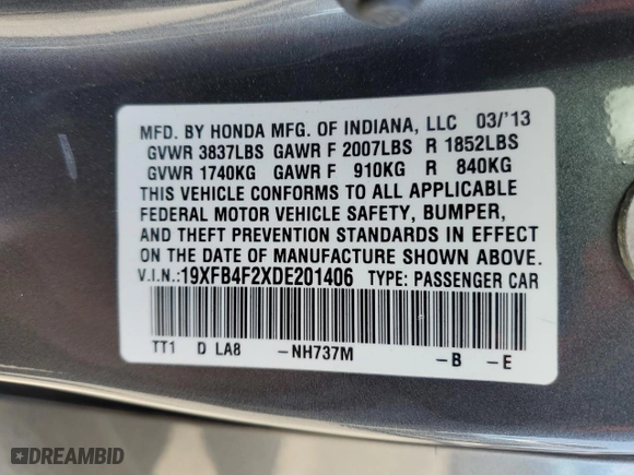 2013 Honda Civic Hybrid with VIN 19XFB4F2XDE201406, listed as a Copart auction lot 51952805 with 156,600 mi miles and Salvage Title. Bid and sale history available at carsss.com. Image 14.