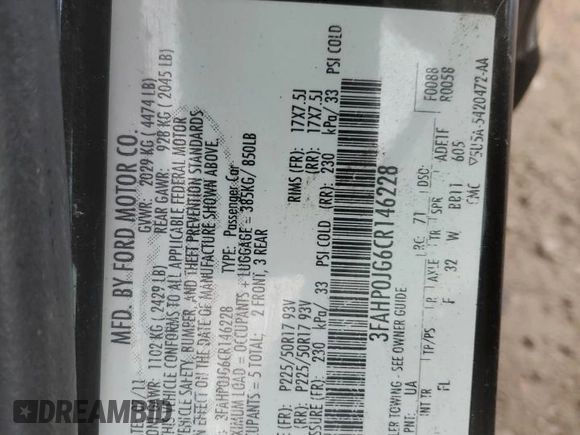 2012 Ford Fusion SEL with VIN 3FAHP0JG6CR146228, listed as a Copart auction lot 48586075 with 97,456 mi miles and Clean Title. Bid and sale history available at carsss.com. Image 12.