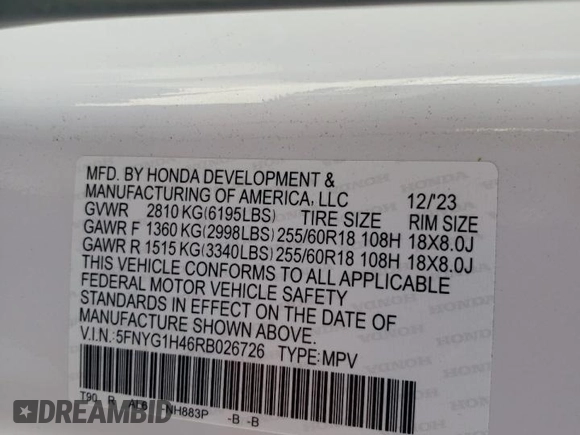 2024 Honda Pilot EX-L 8 Passenger with VIN 5FNYG1H46RB026726, listed as a Copart auction lot 79063614 with 4,169 mi miles and Salvage Title. Bid and sale history available at carsss.com. Image 15.