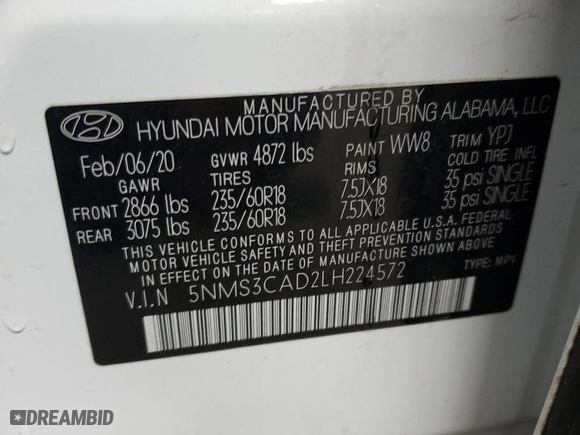 2020 Hyundai Santa Fe SEL with VIN 5NMS3CAD2LH224572, listed as a Copart auction lot 52701355 with 77,186 mi miles and Salvage Title. Bid and sale history available at carsss.com. Image 14.
