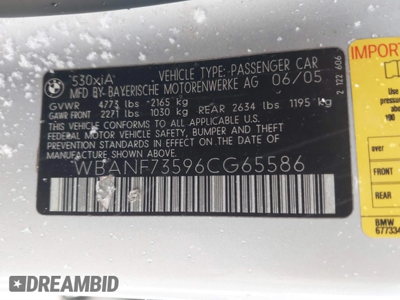 2006 BMW 5 Series 530xi with VIN WBANF73596CG65586, listed as a IAAI auction lot 41808235 with 179,160 mi miles and . Bid and sale history available at DreamBid. Image 9.