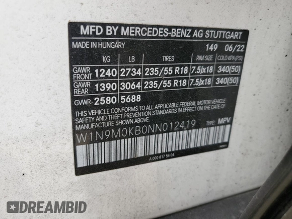 2022 Mercedes-Benz EQB 300 z VIN W1N9M0KB0NN012419, wystawiony jako Copart lot #66605304 z przebiegiem 34 858 mil mil oraz Szkoda całkowita • Salvage title. Historia ofert i sprzedaży dostępna na DreamBid. Obrazek 13.