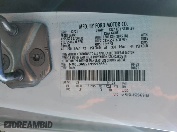 2022 Ford Transit Connect XL с VIN NM0LS6S27N1517559, выставлен на аукционе Copart как лот 46358045 с пробегом 158 869 миль миль и Чистый • Clean title. История ставок и продаж доступна на DreamBid. Изображение 13.