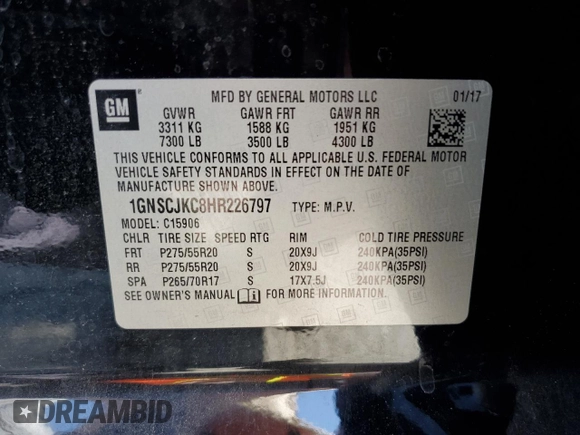 2017 Chevrolet Suburban Premier with VIN 1GNSCJKC8HR226797, listed as a Copart auction lot 62874585 with 150,994 mi miles and Salvage title. Bid and sale history available at DreamBid. Image 13.