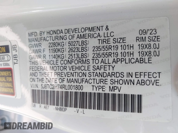 2024 Acura RDX Advance with VIN 5J8TC2H74RL001800, listed as a IAAI auction lot 42173800 with 6,676 mi miles and . Bid and sale history available at DreamBid. Image 9.
