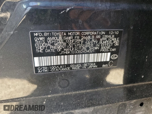 2011 Lexus ES with VIN JTHBK1EG0B2434021, listed as a Copart auction lot 44383675 with 71,182 mi miles and Salvage Title. Bid and sale history available at carsss.com. Image 12.