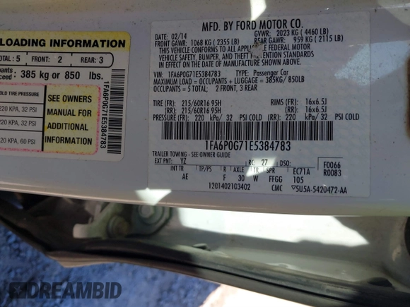 2014 Ford Fusion S with VIN 1FA6P0G71E5384783, listed as a IAAI auction lot 40868527 with 207,354 mi miles. Bid and sale history available at carsss.com. Image 9.