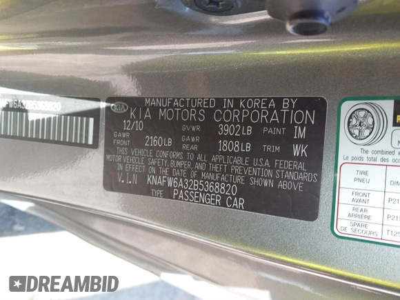 2011 Kia Forte SX с VIN KNAFW6A32B5368820, выставлен на аукционе IAAI как лот 41703308 с пробегом 184 715 миль миль и . История ставок и продаж доступна на DreamBid. Изображение 9.