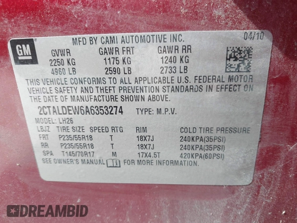 2010 GMC Terrain SLE-2 with VIN 2CTALDEW6A6353274, listed as a IAAI auction lot 42044569 with 200,413 mi miles. Bid and sale history available at carsss.com. Image 9.