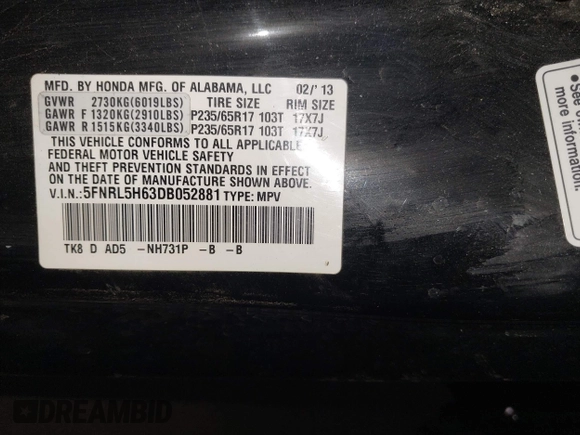 2013 Honda Odyssey EX-L с VIN 5FNRL5H63DB052881, выставлен на аукционе IAAI как лот 42182363 с пробегом 235 481 миль миль и . История ставок и продаж доступна на DreamBid. Изображение 9.