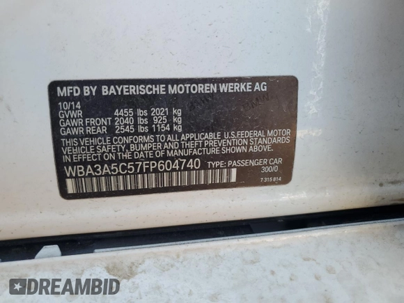 2015 BMW 3 Series 328i with VIN WBA3A5C57FP604740, listed as a Copart auction lot 49156665 with 74,084 mi miles and Salvage Title. Bid and sale history available at carsss.com. Image 14.