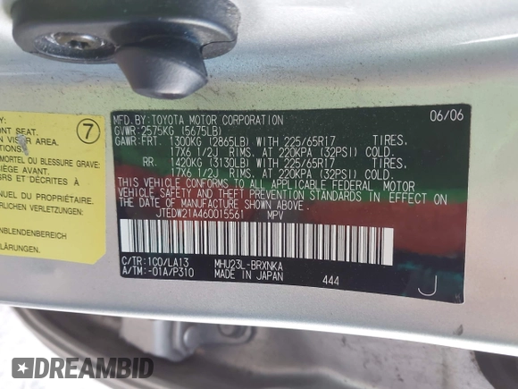 2006 Toyota Highlander with VIN JTEDW21A460015561, listed as a IAAI auction lot 42864235 with 202,859 mi miles and . Bid and sale history available at DreamBid. Image 9.