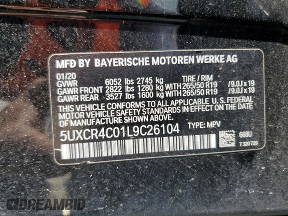 2020 BMW X5 sDrive40i with VIN 5UXCR4C01L9C26104, listed as a Copart auction lot 59191565 with 62,852 mi miles and Clean title. Bid and sale history available at DreamBid. Image 13.